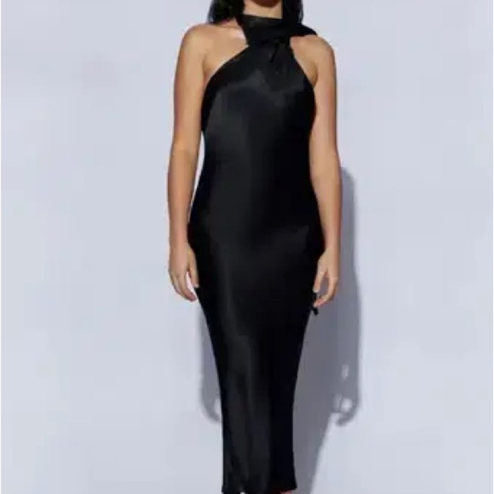 MESHKI Astrella Neck Wrap Midi A-Line Dress Black NWT backless satin sz small 4